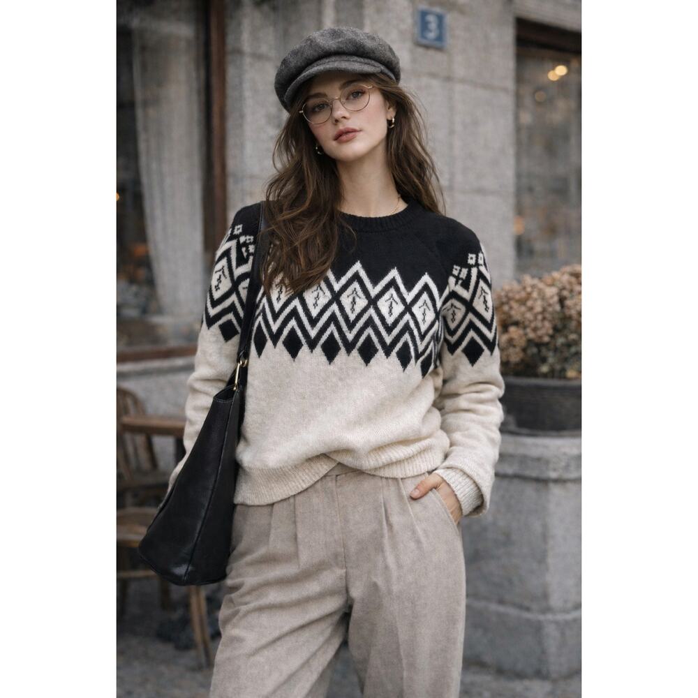 Black & White Nordic Geometric Knit Sweater | Shein | Cabin Core | Size S NWOT